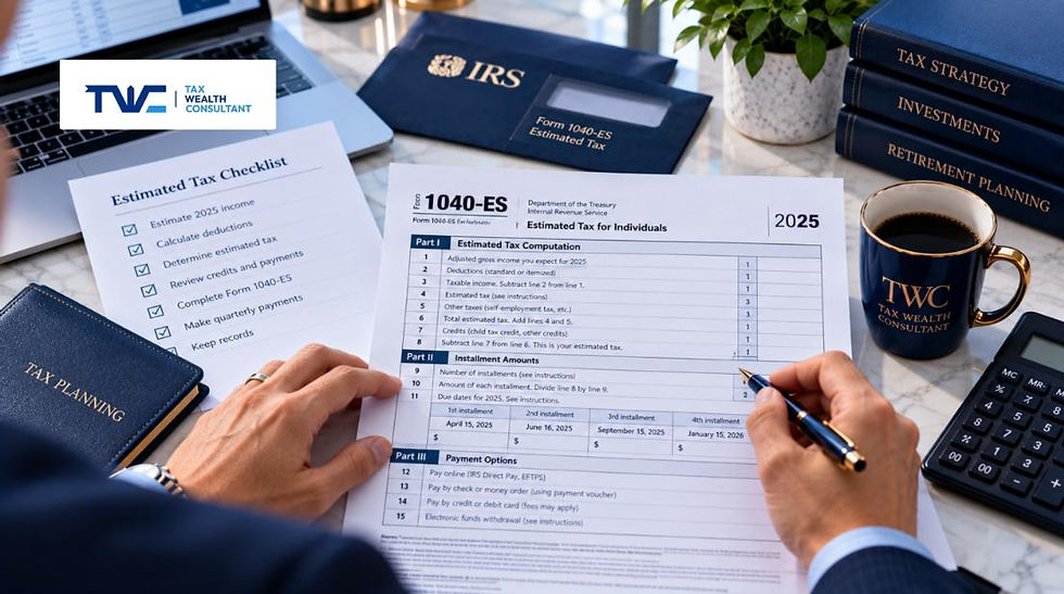 Completing Form 1040-ES to calculate estimated tax payments for 2026