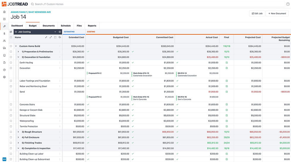 JobTread job costing budget screen showing vendor bill amounts tracked against project budget