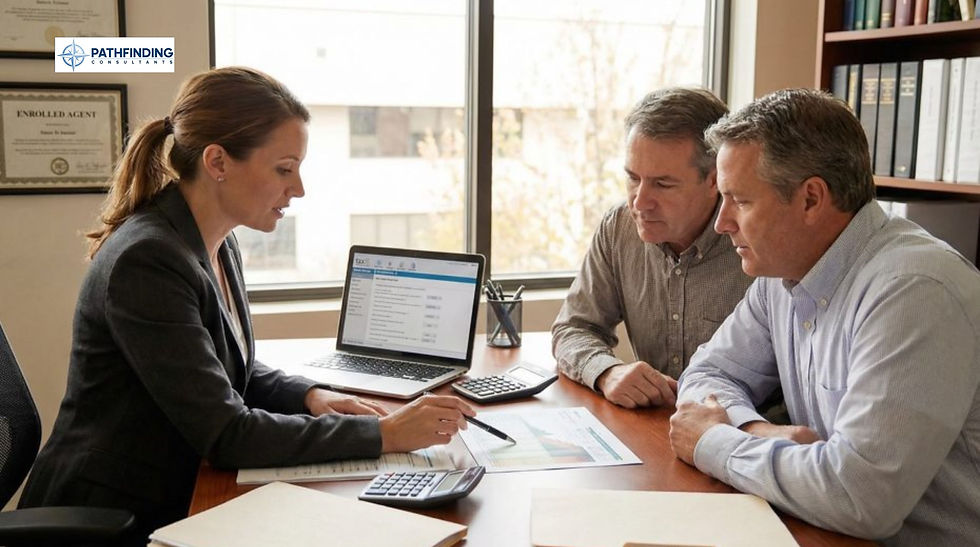 Enrolled Agent tax professional at Pathfinding Consultants reviewing law firm bookkeeping and tax preparation