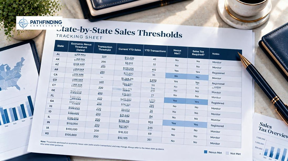 Overhead flat lay of a state-by-state sales threshold tracking sheet
