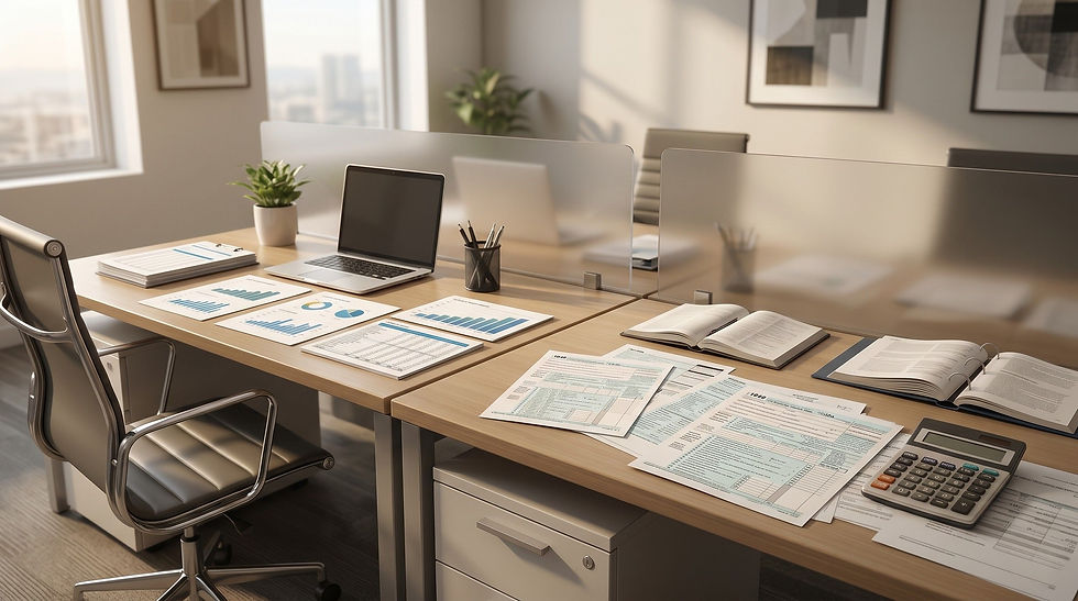 Split desk showing construction bookkeeper monthly reports on one side and CPA tax return documents on the other, illustrating different but coordinated roles in construction accounting