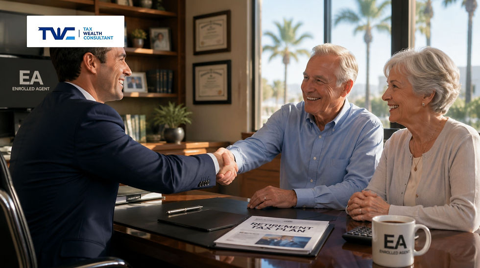 Tax Wealth Consultant Enrolled Agent advising retired couple on retirement income tax planning 