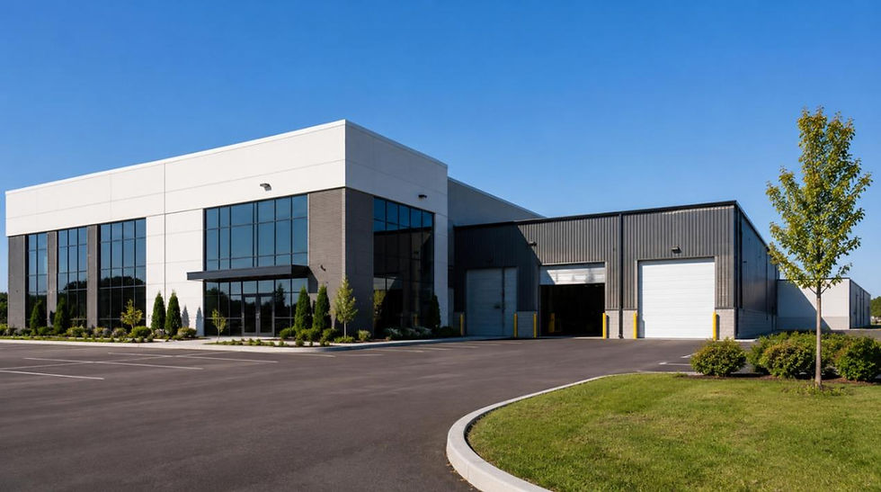 ommercial office building and warehouse property exterior, daytime