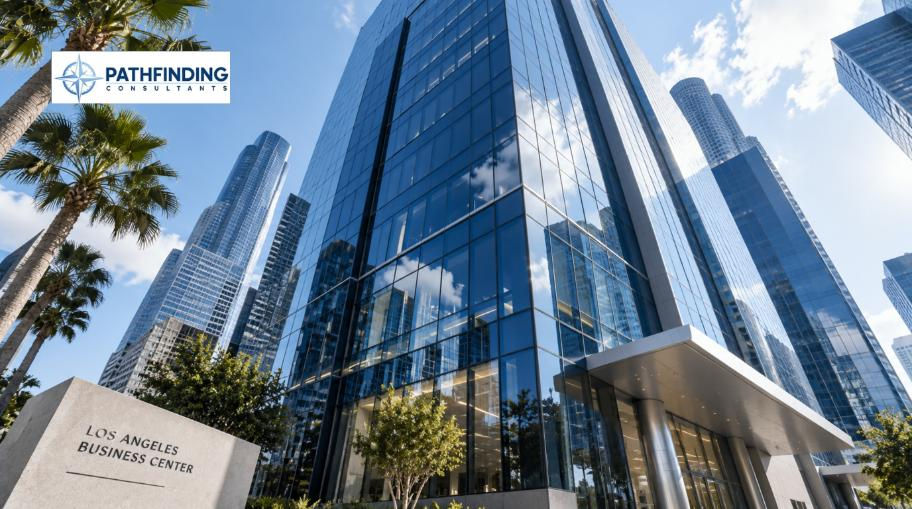 Modern Los Angeles commercial architecture, low angle exterior