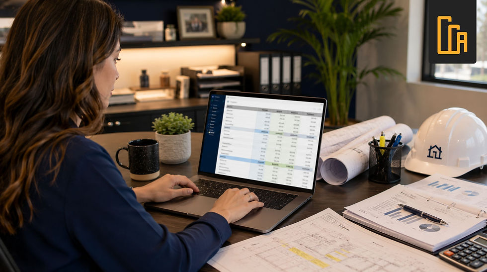 Construction bookkeeper performing job cost analysis reviewing budget versus actual cost variance on construction project in Orange County California