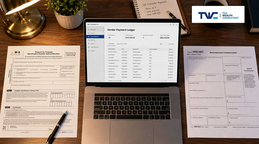 Bookkeeping link in W-9 to 1099 workflow chain for contractor payment tracking