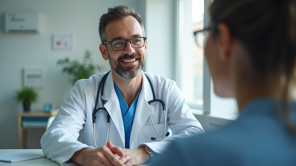 Eye-level view of a health care professional discussing integrated care with a patient
