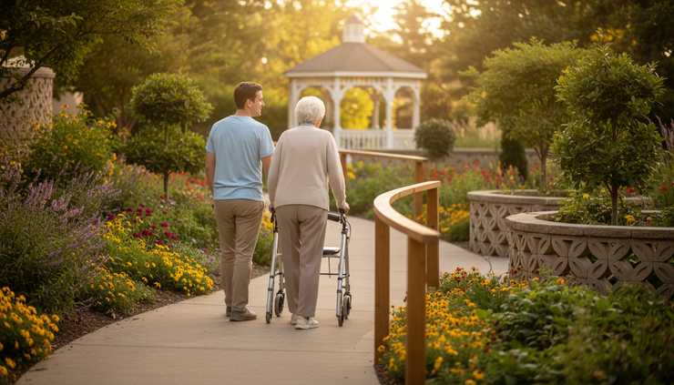 Over-the-shoulder view of a caregiver walking beside an older adult using a walker in a garden path