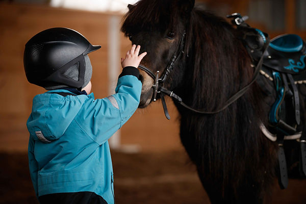 enfant carressant un poney