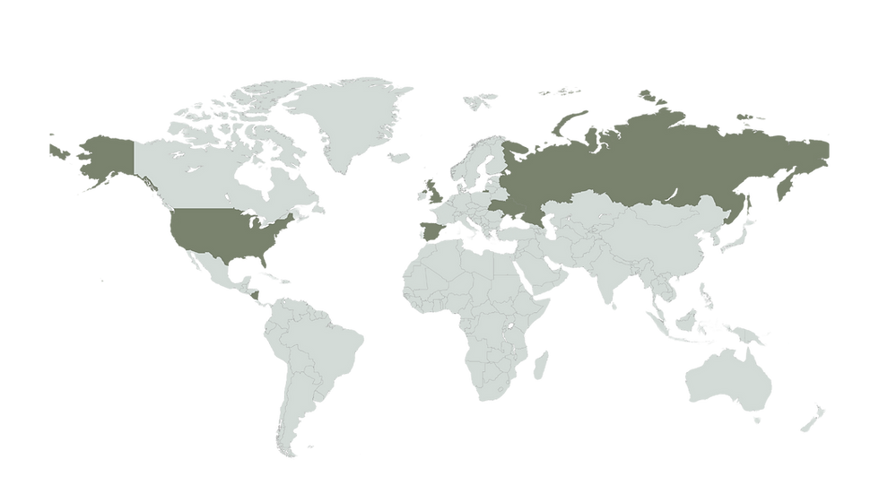 World map highlighting the countries where executive coach Alexandra Popkova studied, completed professional coaching certifications, and leadership development training, reflecting her international education and global perspective.