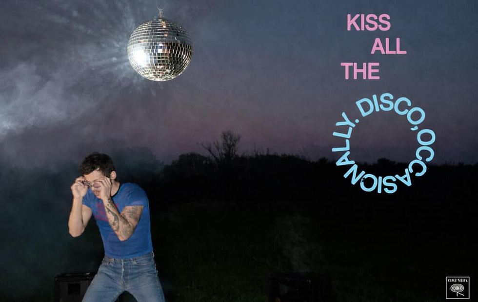 an album cover of kiss all the time, disco occasionally. Harry Styles is dancing with sunglasses on and a disco ball above him.
