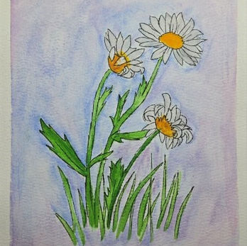 A painting of three white and yellow flowers. A strand of hair lies on top.