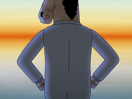 an animated horse standing up, wearing a suit looking out toward water and a sunset with the words BoJack Horseman, a Netflix Original Series.