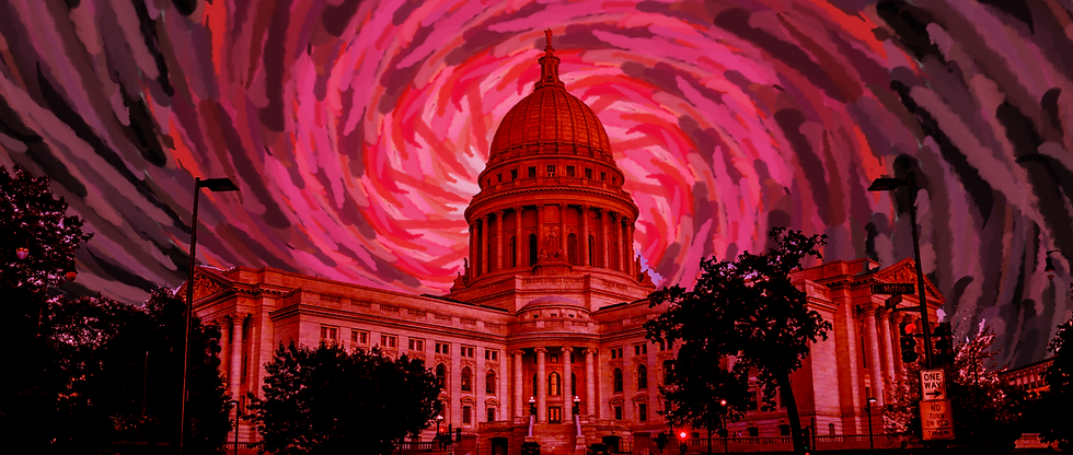 a capitol building under pink, purple, and red swirls in the sky
