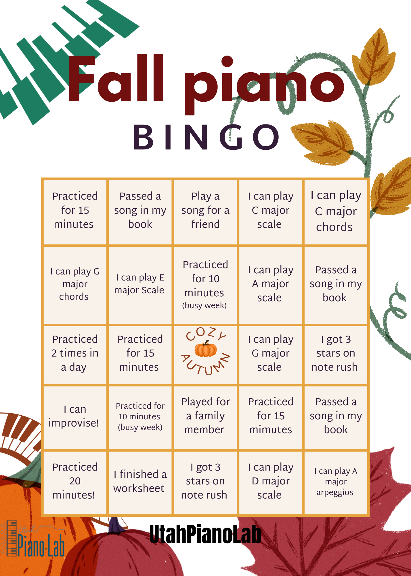 Fall Piano Practice Bingo