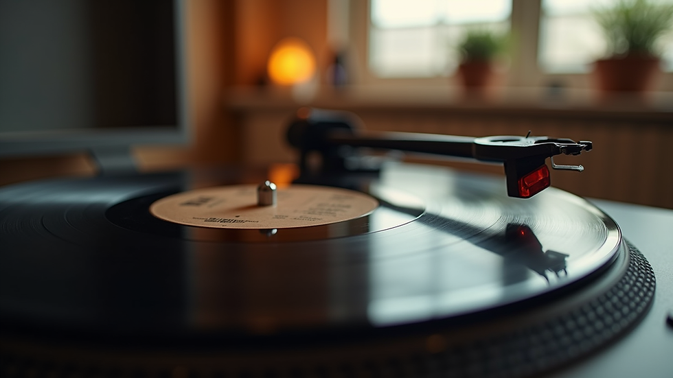 Eye-level view of a vintage vinyl record player spinning a hip-hop album