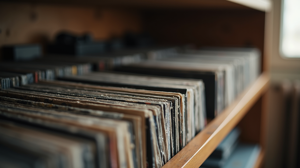 Close-up view of vinyl records stacked on a shelf