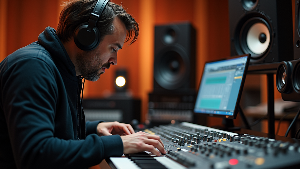 Close-up view of a recording engineer at work in the studio