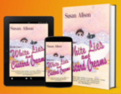 The cover image of White Lies & Custard Creams on an e reader, a phone and a physical book.