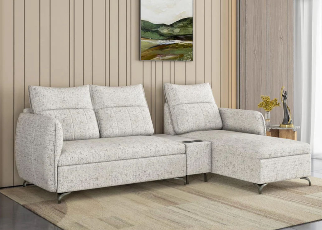 Infia 3 Seater Fabric Sofa with Left Lounger and Rectangle Console- Off White