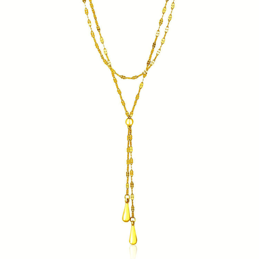 Thumbnail: 14k Yellow Gold Double Strand Chain with Puffed Teardrop Lariat Necklace