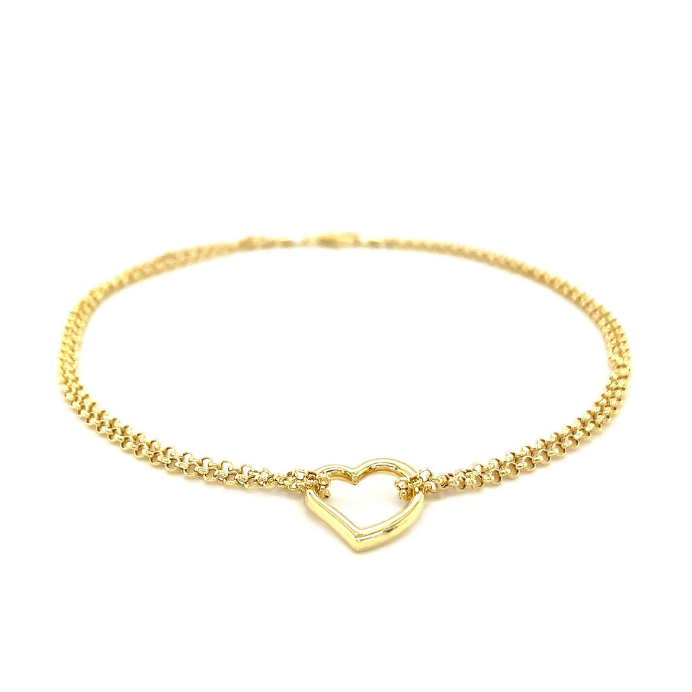 Thumbnail: 14k Yellow Gold Double Rolo Chain Anklet with an Open Heart Station