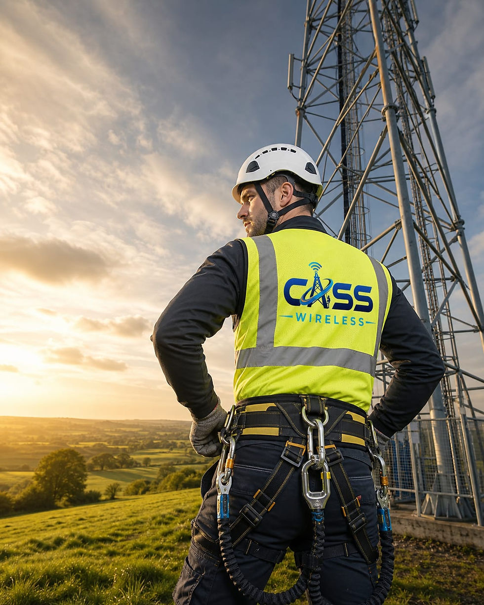 CASS Wireless engineer wearing safety equipment at a communications site