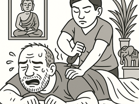 Illustration: Jack Bennett sitzt erschöpft in einem Massagestudio, während eine Masseurin mit entschlossenem Blick arbeitet. Humorvolle Szene über Schmerzen, Ehrlichkeit und kleine Alltagswahrheiten.