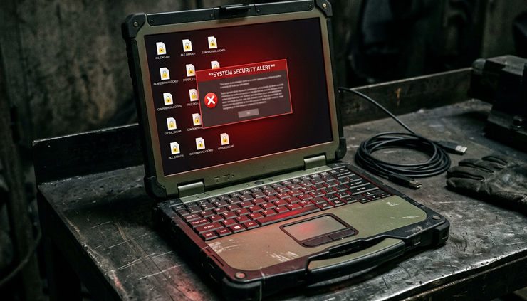 Close-up view of a laptop screen showing locked files on a plain metal bench