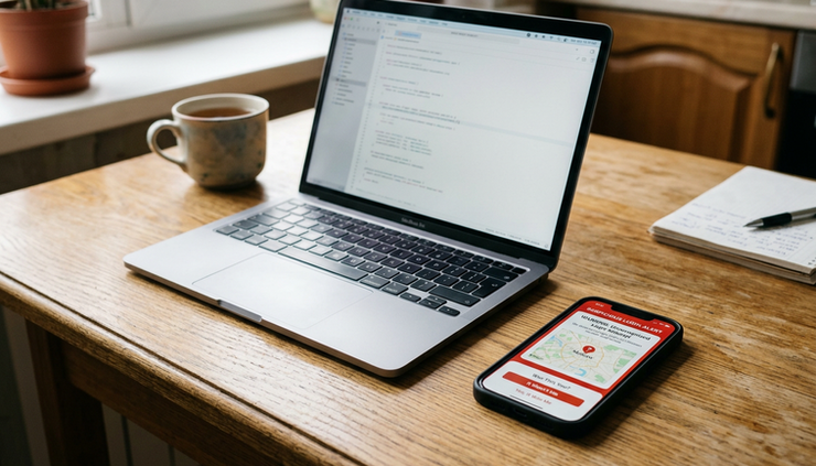 Eye-level view of a laptop and phone showing a suspicious message on a kitchen table