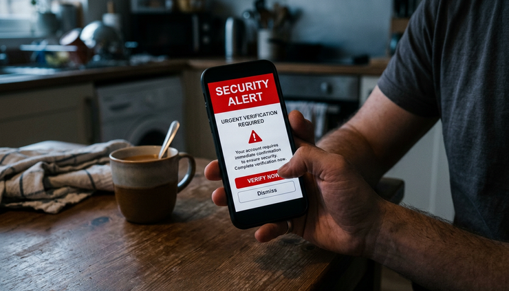 Close-up of a hand holding a phone with a suspicious verification message
