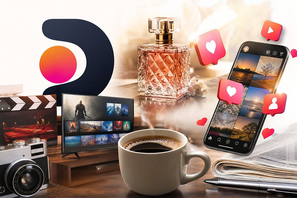 Colagem com logo do Diversss, ícones de streaming, perfume de luxo e redes sociais em fundo claro.