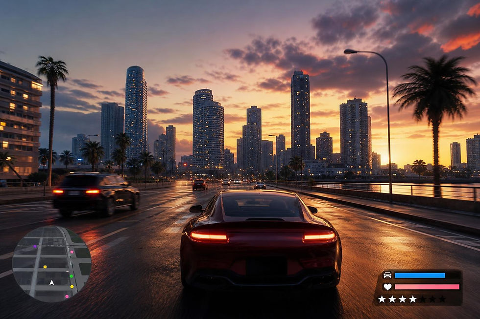 Frame de suposto gameplay de Grand Theft Auto VI mostrando cidade ao entardecer e HUD de jogo