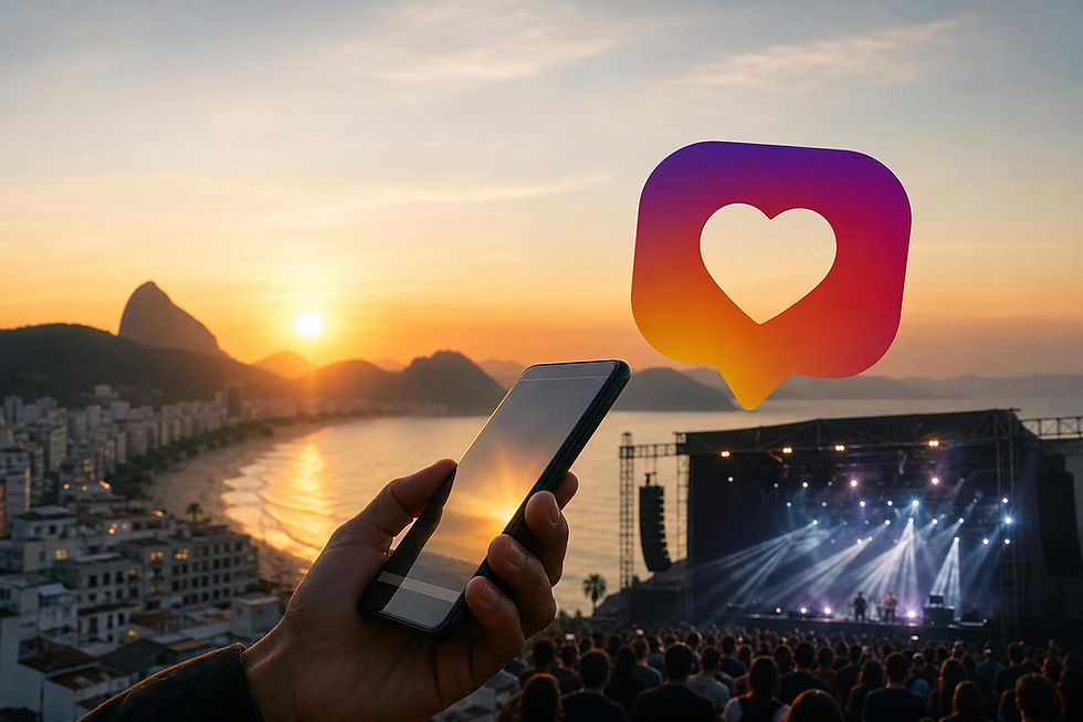 Capa com ícones de celular, palco de shows e logotipo de rede social ao amanhecer.
