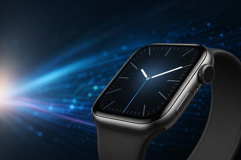 Apple Watch exibido em ângulo, destacando tela e caixa do relógio