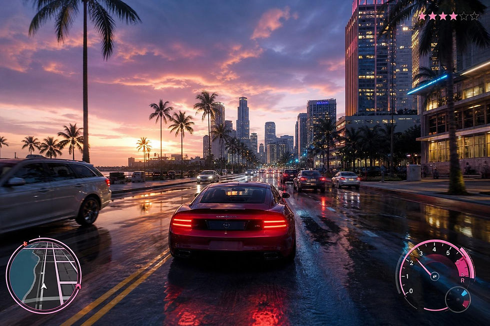 Captura de tela de gameplay de GTA 6 com cenário urbano e HUD do jogo