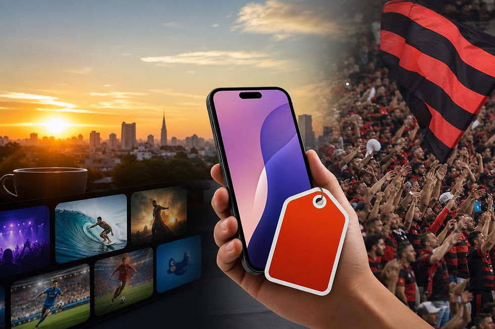 Capa com ícones de streaming, celular em promoção e torcida do Flamengo ao fundo.
