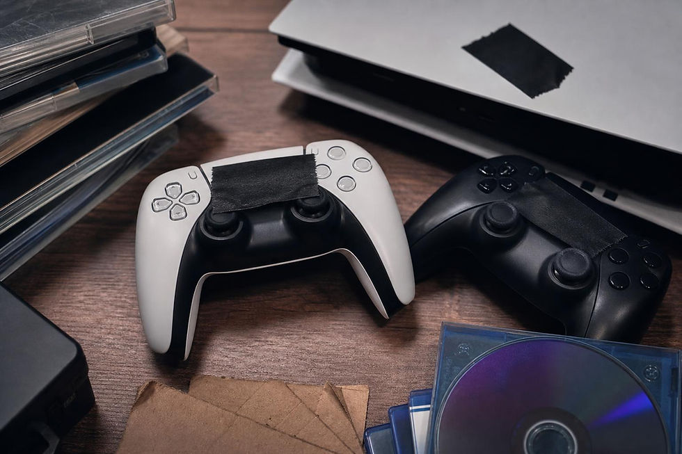 Foto ilustrativa de controles PlayStation sobre uma mesa com etiqueta preta cobrindo o logotipo
