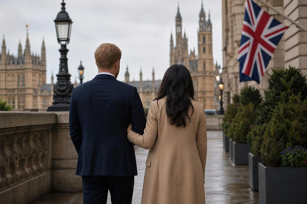 Príncipe Harry e Meghan Markle caminhando lado a lado em evento público, com semblante sério.