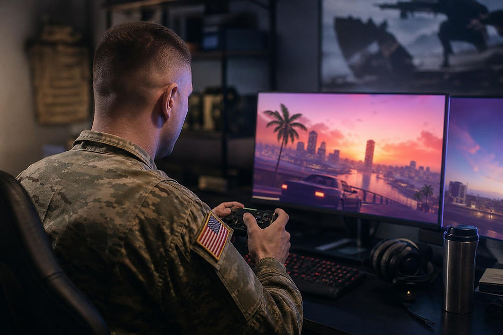 Soldado em uniforme segurando controle de videogame diante de monitores com imagem do jogo GTA VI