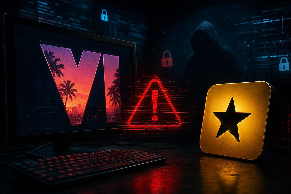 Logotipo do GTA 6 sobre fundo escuro, com alerta de vazamento e logo da Rockstar Games ao lado.