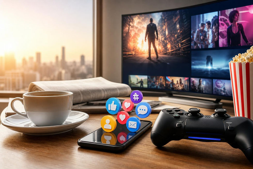 Capa com ícones de redes sociais, controle de videogame e estrelas de TV representando novidades de manhã.