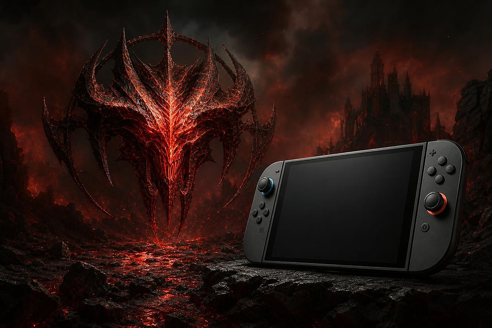 Logo de Diablo IV sobre fundo escuro com o símbolo do demônio; ao lado, o console Nintendo Switch 2.