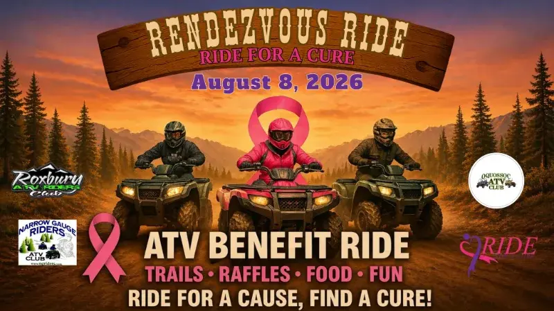 Riders participating in the Ride for a Cure Rendezvous Ride hosted by the Oquossoc ATV Club in western Maine to benefit cancer patients across the state.