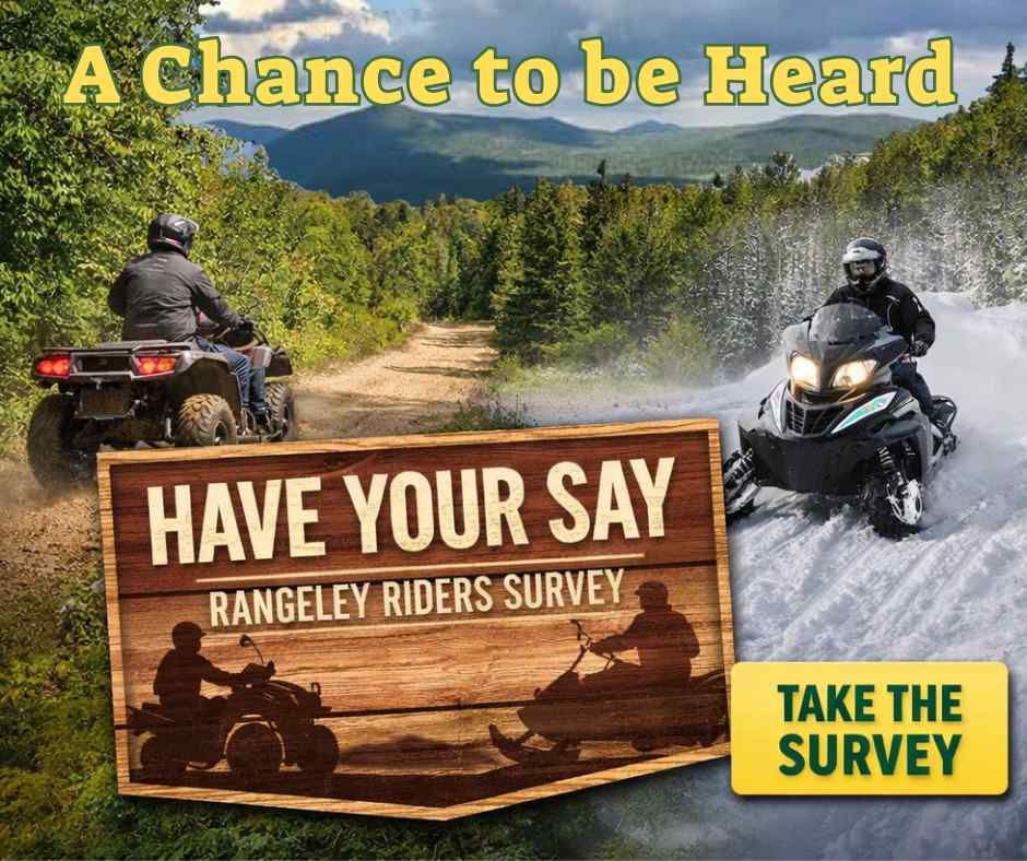 ATV rider overlooking Rangeley Lake with snowmobiler on trail, promoting Rangeley riders survey about ATV and snowmobile trail access