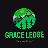 mountains and tress in a circle with text: GRACE LEDGE
