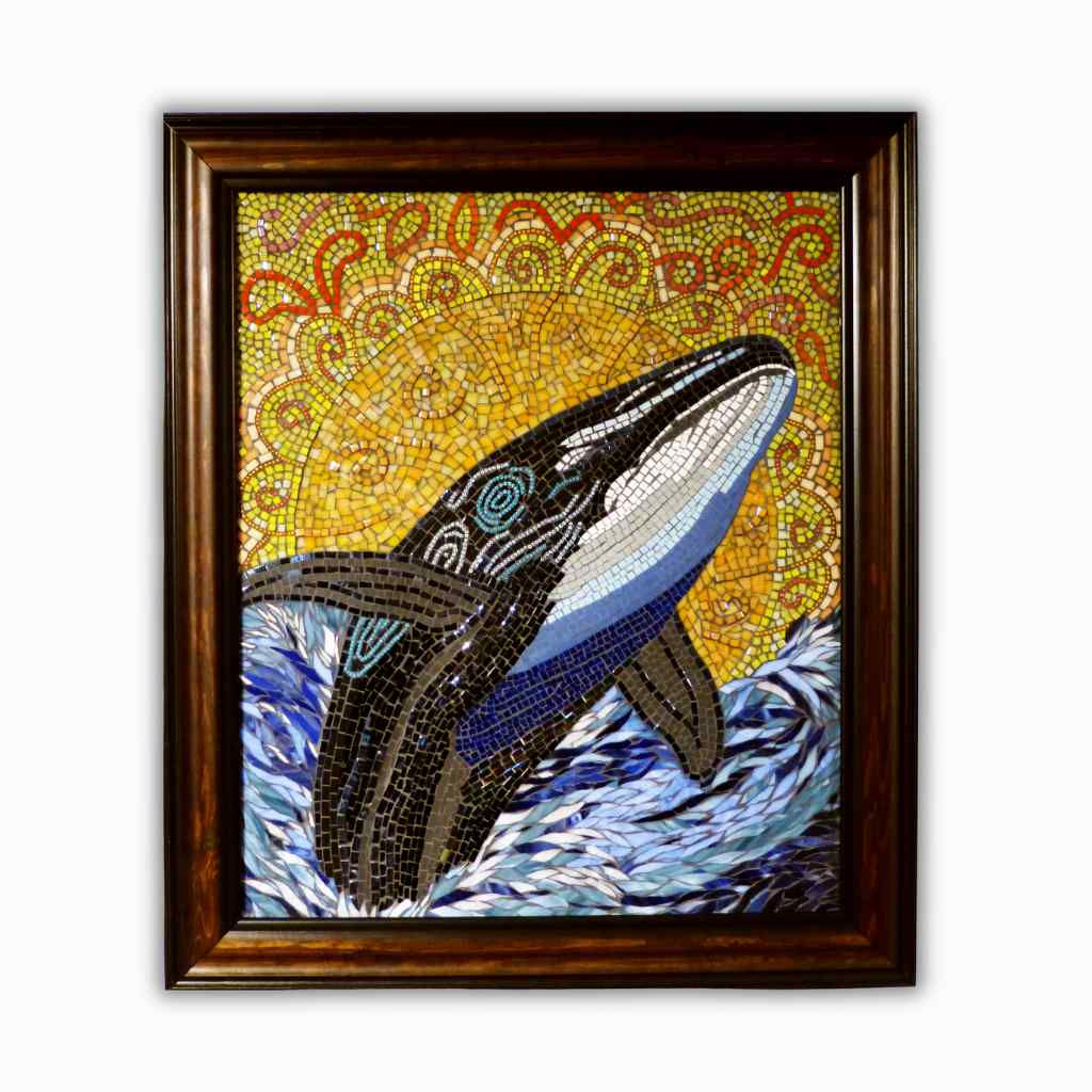 Dawn's Embrace original mosaic by Paul Lilley depicting a breaching whale off the coast of Maine
