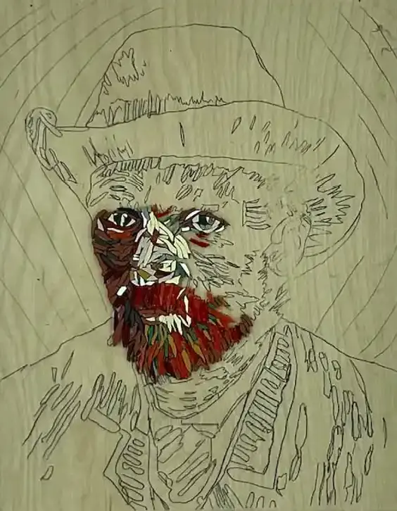 mosaic art in progress of Vincent Van Gogh Self Portrait with Gray Felt Hat