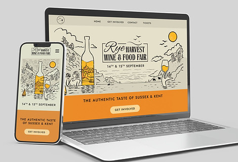 A mock up of the Rye Harvest Wine and Food Fair webiste on a laptop and iPhone.