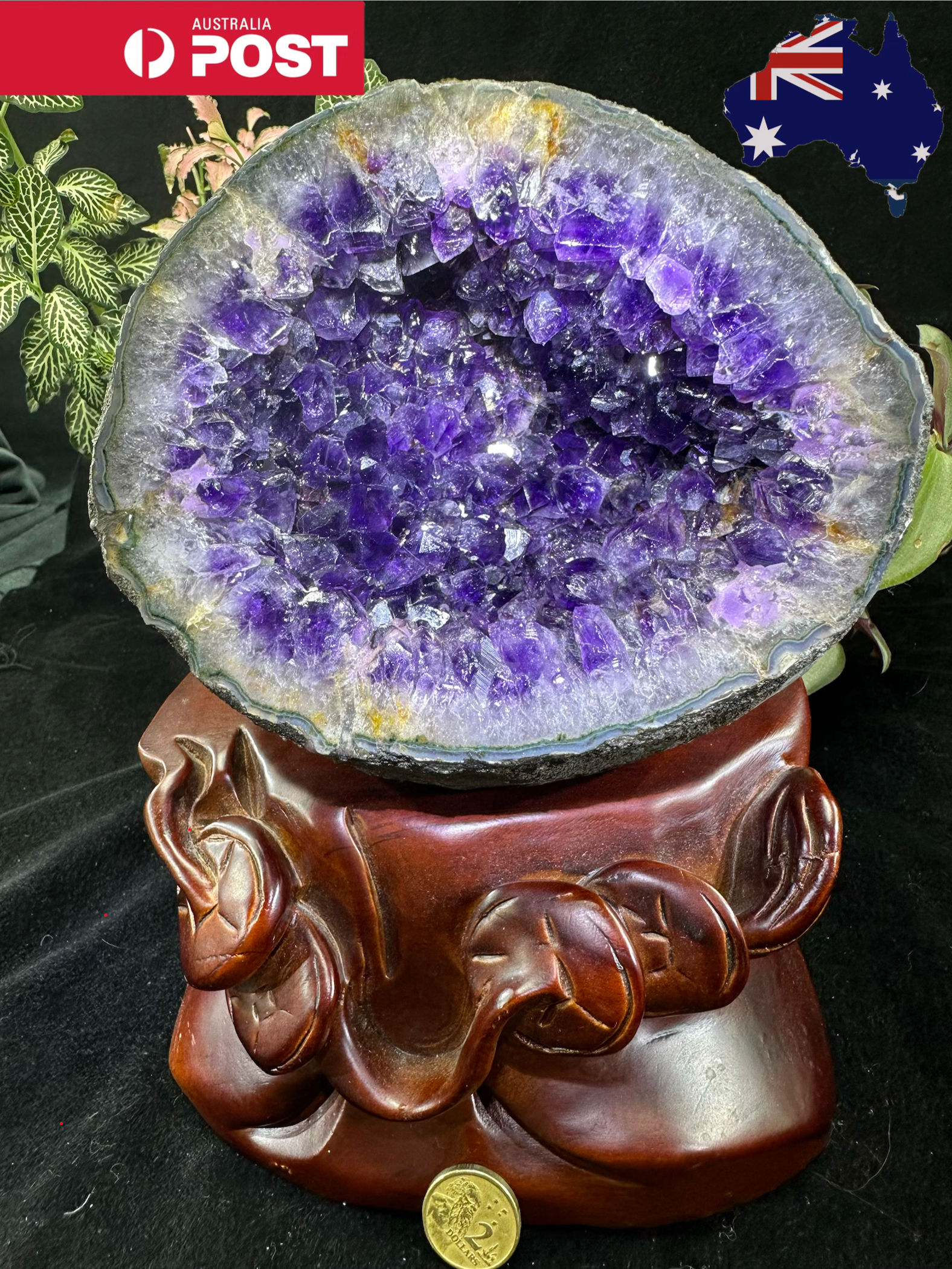 3.5kg Uruguay top quality natural shinny dark purple round cave with wooden base